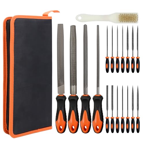 19Pcs Hand Metal File Set 4Pcs Flat/Triangle/Half-Round/Round T12 Carbon Steel Files with 14pcs Needle Files, 1 Steel Brush for Shaping Metal Wood Model and Tools