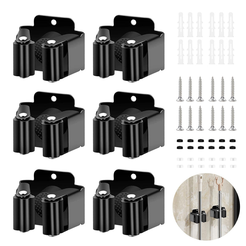 6 Piece Tool Holder Set, Stainless Steel Broom Holder Wall | With strong clamping effect, stable and non-slip, garden tool holder, wall mount for mop, broom, shovel, tools 6 Black