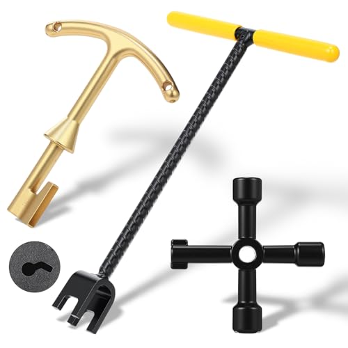 Water Meter Key 12 Inch Enforced Steel Wrench T-handle with 4-way Multi-functional Universal Cross Key Brass Water Meter Box Tool for Curb Main, Underground Stop, Waste Valves (Yellow, Gold) Yellow, Gold