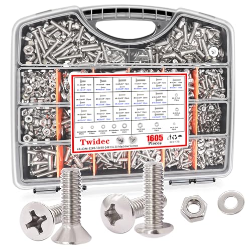 Twidec/1605PCS Nuts and Bolts Assortment Kit,Machine Screws,304 Stainless Steel Phillips Pan Head and Flat Head Screws #4-40#6-32#8-32#10-24#1/4-20 with Nuts, Bolts,Washers in the Storage Case