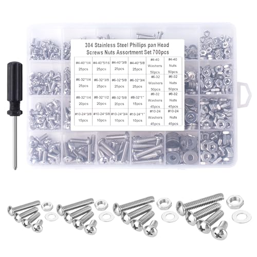 700 PCS Screws Bolts and Nuts Assortment Kit #4-40#6-32#8-32#10-24 304 Stainless Steel,Phillips pan Head Screws. Bolts, Nuts and Flat washers Set with Storage Box
