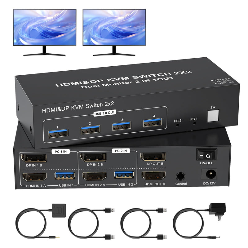 4K HDMI Displayport KVM Switch 2 Monitors 2 Computers Dual Monitor, 4K@60Hz KVM Switcher 2PC Extended Display for 2 Port Share 4 USB 3.0 Hub Keyboard Mouse Desktop Controller and 2 USB Cables Included 4K- 2x2 HDMI+DP