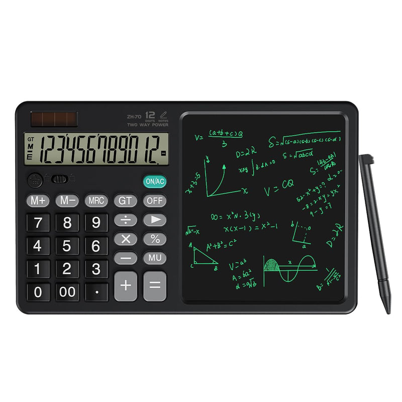 Scientific Calculator with Pull - Out Stylus, 12 - Digit Wide Screen & 100,000+ Reusable Writing Pad, One - Click Clear/Lock, Solar & Battery Dual Power, Portable for School Office Business (Black) Black