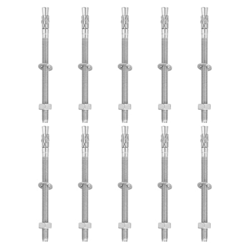 MECCANIXITY 10 Pcs Wedge Anchors, 3/8" x 6" Stainless Steel Concrete Anchors Bolts, Heavy Duty Standard Fastener for Cement Wall Base Bracket (Include Washers Nuts, Silver Tone) 3/8" x 6"