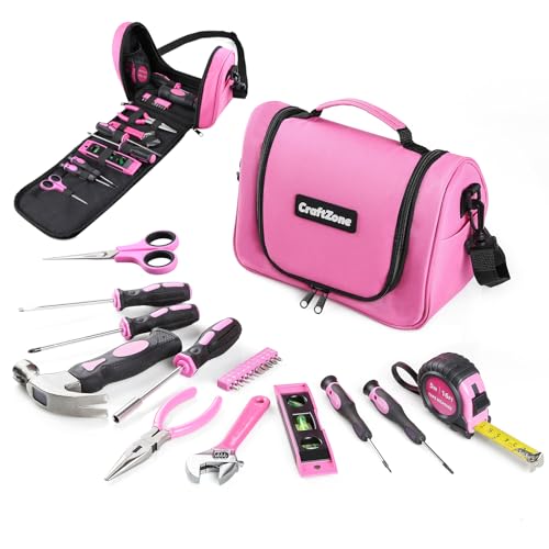 Pink Tool Set | Tool Bag for Women with Shoulder Strap | Basic Tool Kit|21Pcs Tool Pouch with Zipper|Portable Tool Bag with Tools for Home|Dorm|Office|DIY|Desk|Apartment Pink