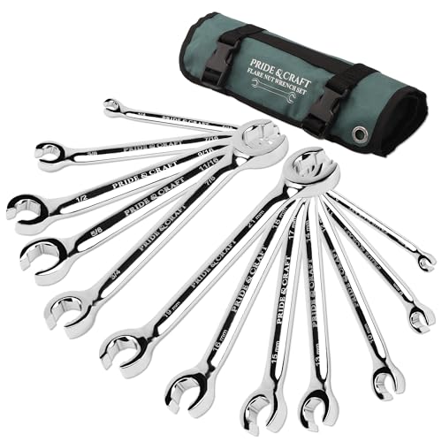 PRIDE&CRAFT 12-Piece Flare Nut Wrench Set, Metric & SAE,6-21mm & 1/4" to 7/8", CR-V Steel, 15°Offset Design, Brake Line Wrench Set with Organizer Pouch 12pc Metric & Sae Standard