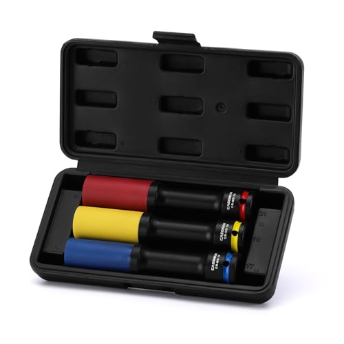 CASOMAN 3PCS 1/2" Drive Non-marring & Thin Wall Lug Nut Impact Socket Set, for Wheel Lug Nut Remover, Extra Deep 150mm, 6-Point, Metric, CR-MO, 17mm 19mm 21mm