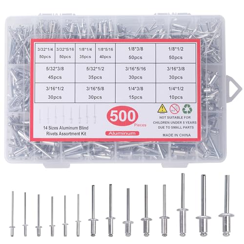 500pcs Pop Rivets Assortment Kit,14 Sizes Aluminum Rivets,Blind Rivets set,including 3/32" 1/8" 5/32" 3/16",metal Dome Head rivets Assortment kit with labels Storage boxes (Silver) Silver