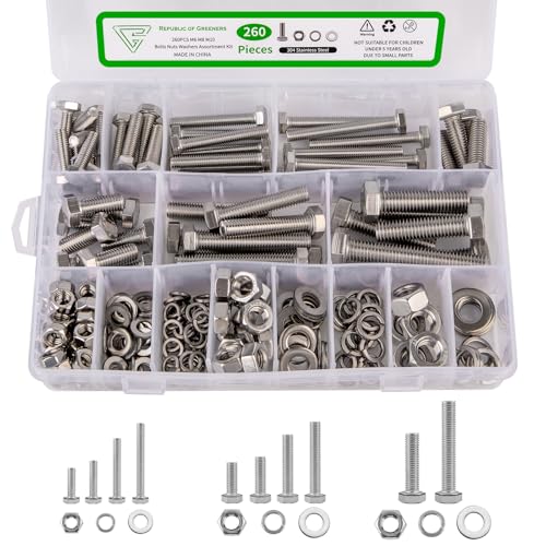 260Pcs M6 M8 M10 Hex Bolts and Nuts Assortment Kit,304 Stainless Steel Machine Screw Sets with Case,Metric Fastener Set Machine Screw Nuts Washers 260