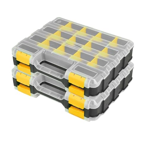 AIDY-PRO Tools Box Organizer Double Side 34 Compartments Hardware Organizers with Removable Plastic Dividers for Screws Nuts Nails Yellow 2 PACK