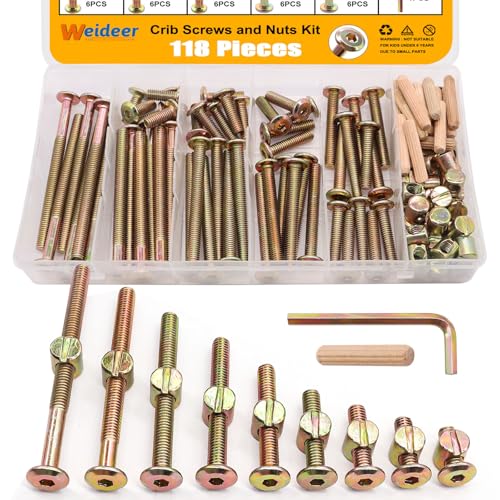 weideer 122PCS Crib Screws and Nuts Kit, Furniture Bolts M6x16/20/25/30/40/50/60/70/80mm,Barrel Nuts Wooden Dowel Pins Hex Drive Socket Cap Screws Kit for Beds Chairs Furniture K-195 122PCS-M6x16/20/25/30/40/50/60/70/80mm Gold
