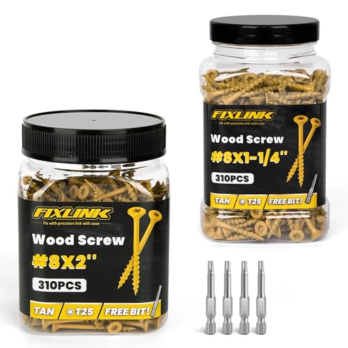 Wood Screws #8 x 2 310PCS #8 x 1-1/4 310PCS, FIXLINK Deck Screws, Epoxy Coated, T25 Star Bit Above 1500 Hour Salt Spray Coating Outdoor Decking Screws Excellent Rust Resistant for Outdoor Wood Fence