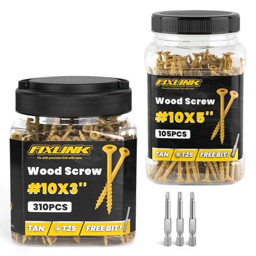Wood Screws #10 x 3 310PCS #10 x 5 105PCS, FIXLINK Deck Screws, Epoxy Coated, T25 Star Bit Above 1500 Hour Salt Spray Coating Outdoor Decking Screws Excellent Rust Resistant for Wood Fence, Tan