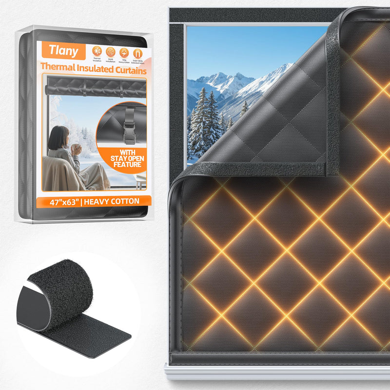 Window Insulation Kit for Winter 47"x63" Cold Weather Thermal Curtain with Heavy Cotton, Insulated Window Cover for Winter & Windows Draft Blocker for Winterizing Windows in Home RV Basement–Black 47"W × 63"H