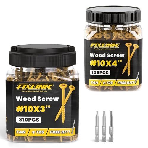 Wood Screws #10 x 3 310PCS #10 x 4 105PCS, FIXLINK Deck Screws, Epoxy Coated, T25 Star Bit Above 1500 Hour Salt Spray Coating Outdoor Decking Screws Excellent Rust Resistant for Outdoor Wood Fence