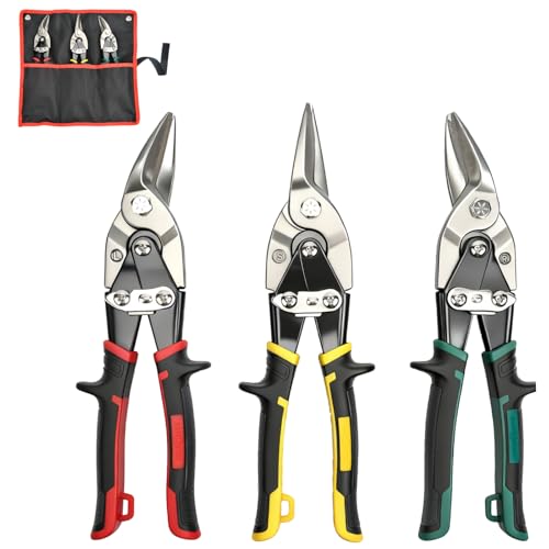ANGELSWORD 3 PC Cr-M Aviation Tin Snips Set, 10 Inch Aviation Tin Snips, Cr-M Aviation Snips for Cutting Metal Sheet, Heavy Duty Sheet 3-Piece Set: Straight,Left,Right