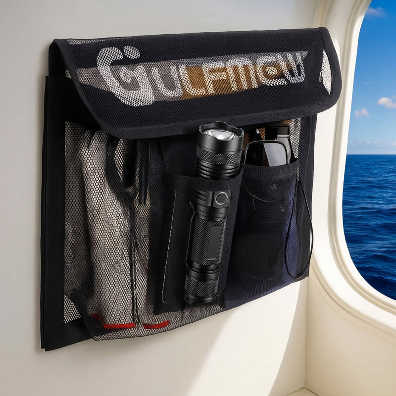 14" X 9.8" Boat Storage Bag with Secure Lid and 2 Open Pockets, Boat Storage Accessories Mesh Organizer with Strong Adhesive, Perfect for Storing Phones, Glasses, Keys and Tackle Marine Accessories
