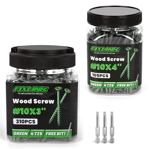Wood Screws #10 x 3 310PCS #10 x 4 105PCS, FIXLINK Deck Screws, Epoxy Coated, T25 Star Bit Above 1500 Hour Salt Spray Coating Outdoor Decking Screws Excellent Rust Resistant for Wood Fence, Green