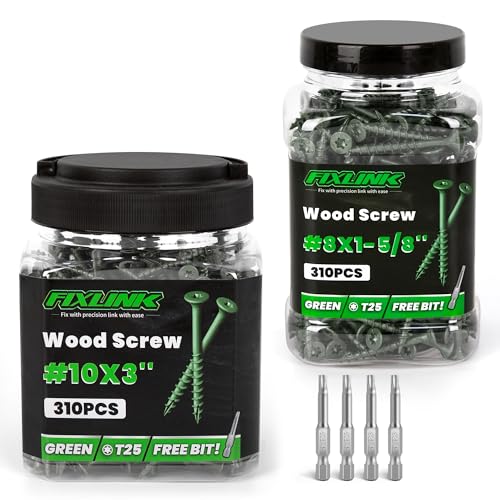 Wood Screws #10 x 3 310PCS #8 x 1-5/8 310PCS, FIXLINK Deck Screws, Epoxy Coated, T25 Star Bit Above 1500 Hour Salt Spray Coating Outdoor Decking Screws Excellent Rust Resistant for Wood Fence, Green
