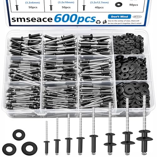 smseace 600Pcs Stainless Steel Black Pop Rivets with Washer Assortment Kit 8-Sizes Stainless Rivets(1/8Inch 5/32Inch 3/16Inch) for Metal,Furniture,Automotive,Instruments Black Stainless Steel 600Pcs 8-Sizes