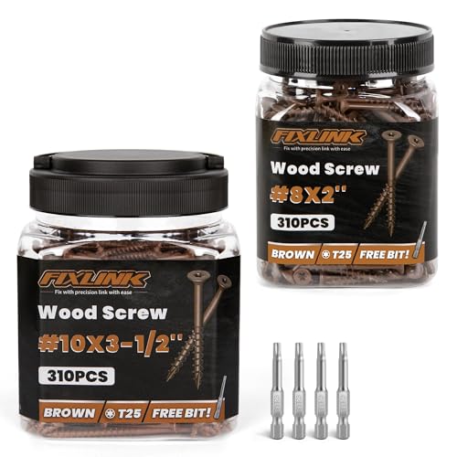 Wood Screws #10 x 3-1/2 310PCS #8 x 2 310PCS, FIXLINK Deck Screws, Epoxy Coated, T25 Star Bit Above 1500 Hour Salt Spray Coating Outdoor Decking Screws Excellent Rust Resistant for Wood Fence, Brown