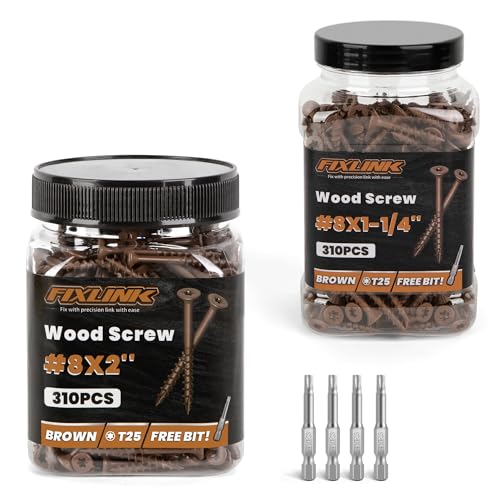 Wood Screws #8 x 2 310PCS #8 x 1-1/4 310PCS, FIXLINK Deck Screws, Epoxy Coated, T25 Star Bit Above 1500 Hour Salt Spray Coating Outdoor Decking Screws Excellent Rust Resistant for Wood Fence, Brown