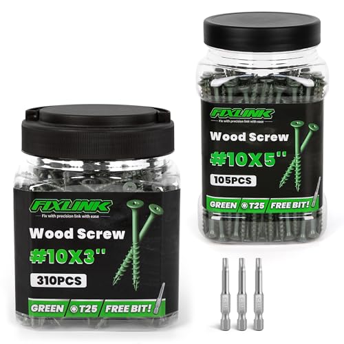 Wood Screws #10 x 3 310PCS #10 x 5 105PCS, FIXLINK Deck Screws, Epoxy Coated, T25 Star Bit Above 1500 Hour Salt Spray Coating Outdoor Decking Screws Excellent Rust Resistant for Wood Fence, Green