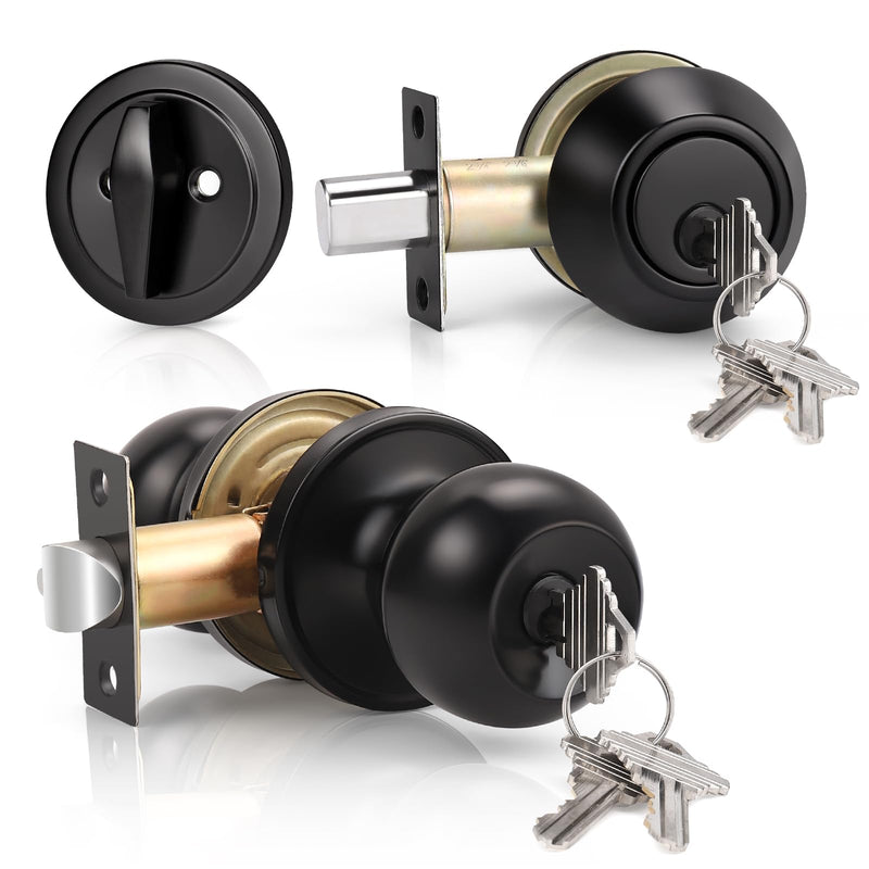Knobonly 1 Set Keyed Same Entry Door Knob with Single Cylinder Deadbolt, One Keyway Door Lock Set in Matte Black Finish, Indoor/Outdoor Security Door Handles 1 Pack