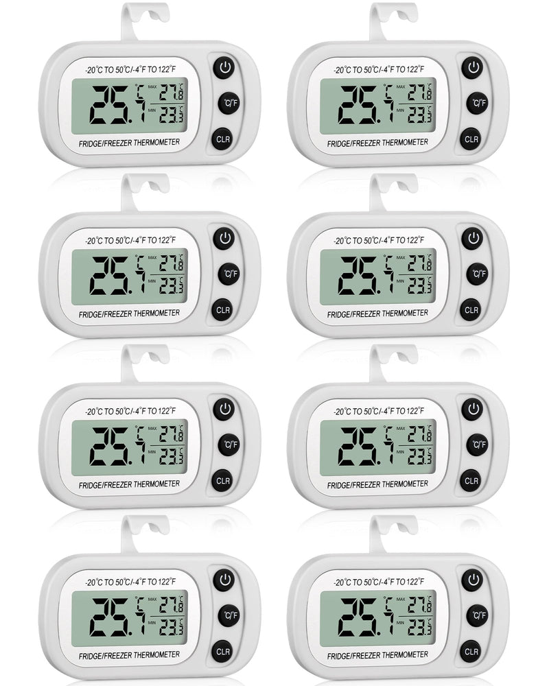 Frienda 8 Pack White Digital Fridge Thermometer Waterproof Refrigerator and Freezer Room Max/min Record Function LCD Screen Refrigerator Thermometer with Hook and Magnetic Back for Home