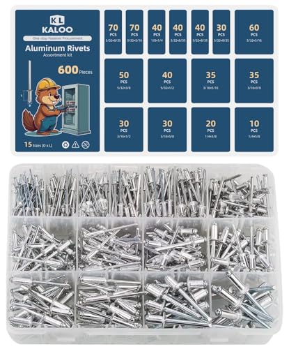 600 PCS Rivets, Kaloo 15 Size Aluminum Pop Rivets Assortment Kit, Silver Pop Rivet Set including 3/32" 1/8" 5/32" 3/16" 1/4"