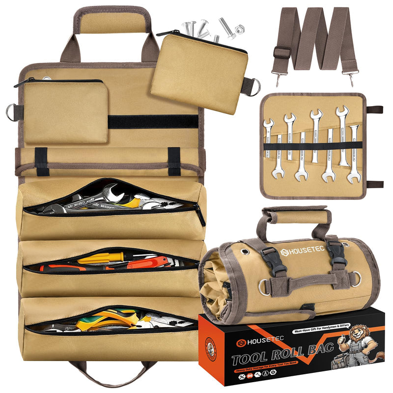 Roll Up Tool Bag-Gifts For Men Dad Husbands Him, Father's Day Birthday Gifts For Men, Heavy Duty Tool Organizer Bag With 2 Detachable Pouches &Wrench Roll Mechanic Carpenter (Khaki) Khaki