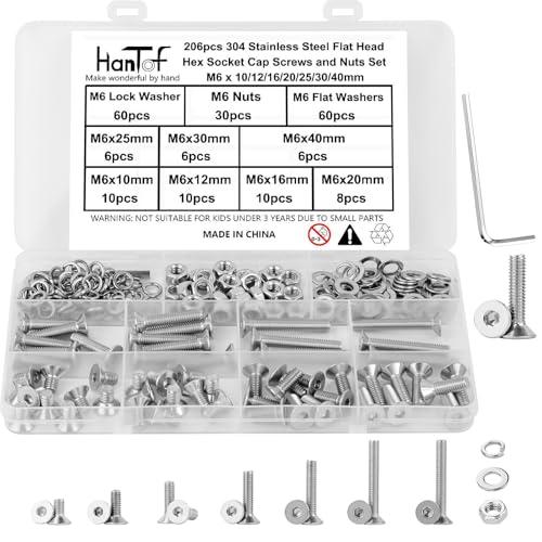 206 Pcs Metric M6 Flat Head Hex Socket Cap Screws Assortment Kit, M6x 10/12/16/20/25/30/40mm Internal Hex Drive Allen Bolts Nuts and Washers Set, 304 Stainless Steel, Fully Threaded, Pitch: 1.0mm
