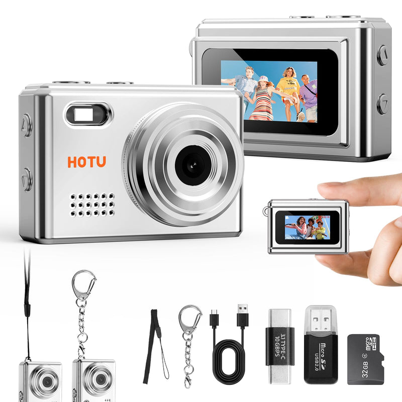 Mini Keychain Digital Camera, Y2K Pocket-Size Mini Camera, 2MP 1080P SmallCamera with 32GB Card, Video Recorder with Long Battery Life for Travel, Party and Vlog (Silver) Silver