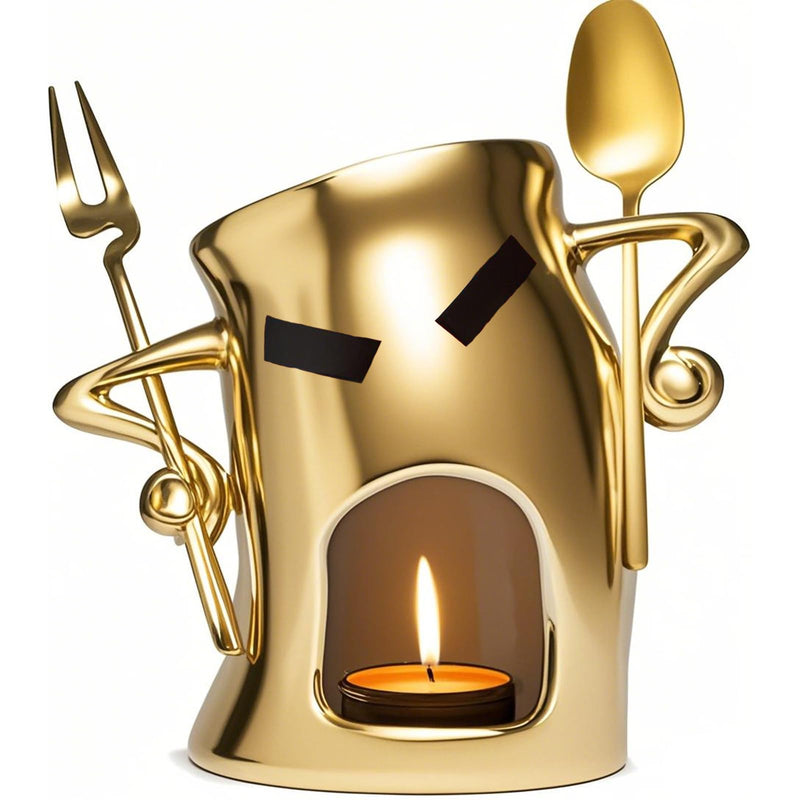 Mini Ceramic Fondue Set: Chocolate Fondue Melting Cup, Cheese Fondue Pot, Candy Mini Fondue Cups with 1 Fork & 1 Scoop - Food-Safe Gift for Parties, Gifts, Cozy Nights (Gold, 5.5 inches) Gold