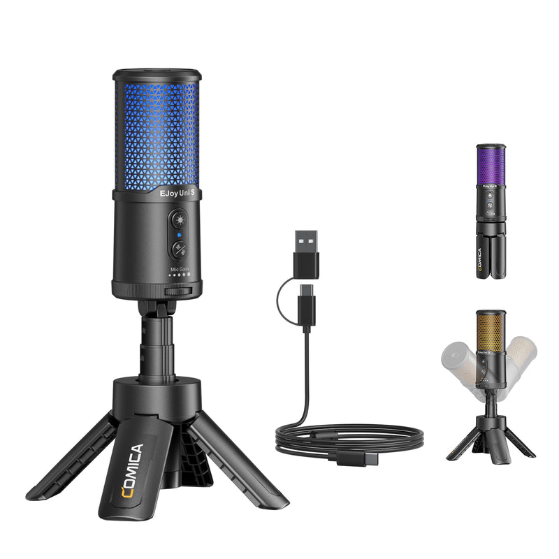 COMICA EJoy Uni S USB Condenser Microphone with Mute, Gain Control, RGB Lighting, Noise Reduction & Real-Time Monitoring, Gaming mic for PC, PS5, Smartphone for Streaming, Podcasts, Video Conferencing Black