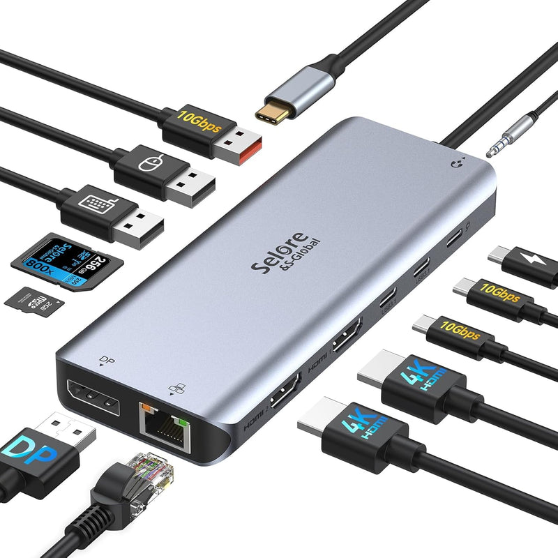 USB C Docking Station Dual Monitor,Selore 13 in 1 USB C Hub 3 Monitors with Dual HDMI,DP,10G USB A/C,100W PD,5 USB A/C Ports,Gigabit Ethernet,Laptop Docking Station for Dell,Hp,Lenovo,MacBook.etc Sliver Gray