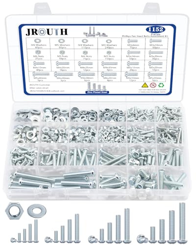 1152PCS Nuts and Bolts Assortment Kit, M3/M4/M5/M6 Phillips Pan Head Machine Screws and Nuts and Flat Washers,16 Sizes Zinc Plat Steel Cross Slotted Round Head Bolts Sets 1152 PCS Metric Screw