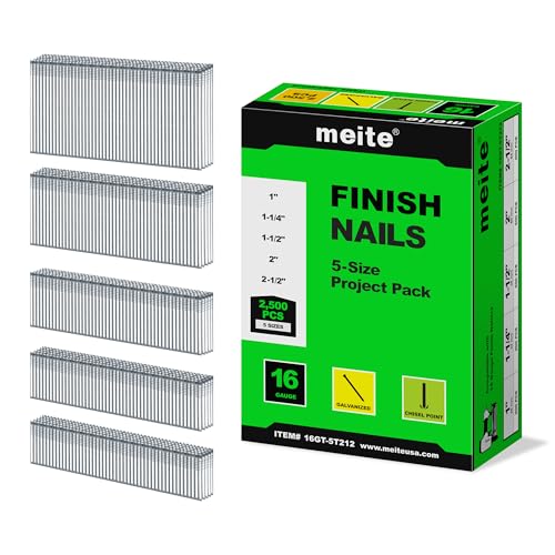 meite 16 Gauge Finish Nails 5 Sizes Galvanized Straight T-Nails 2,500PCS 1 Box 5 Sizes Finish Nails Set
