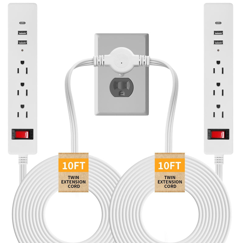 Twin Extension Cord - 20 FT Split Extension Cord, 6 Outlets and 6 USB Ports - Double Power Strip, 3 Prong and Flat Plug, for Behind Bed, Couch, Nightstands, Vanity, Furniture dual 10ft