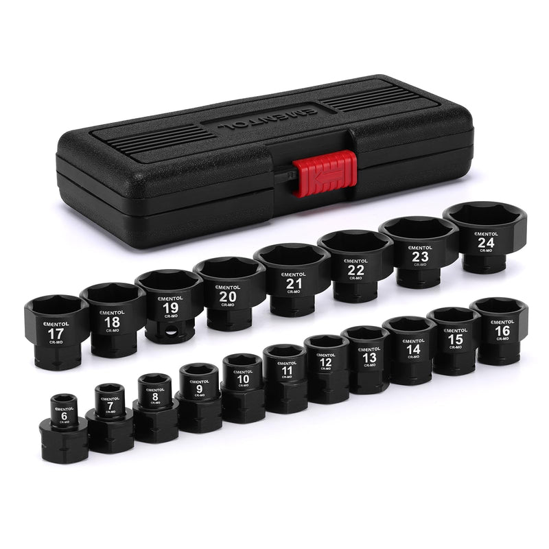 EMENTOL 19 Pieces 3/8" Drive Low Profile Nano Impact Socket Set, 6mm-24mm, Metric Stubby sockets, CR-MO 3/8" Drive (6mm-24mm)