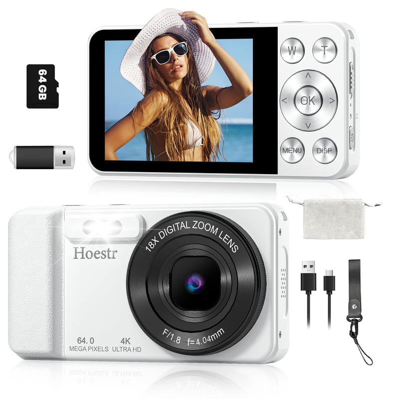 64MP 4K Digital Camera, Hoestr 18X Zoom Autofocus Point and Shoot Compact Camera with 64GB TF Card, Flash, 2.8" LCD Screen for Teens Adult Beginner Travel Photography Vlogging（White） White