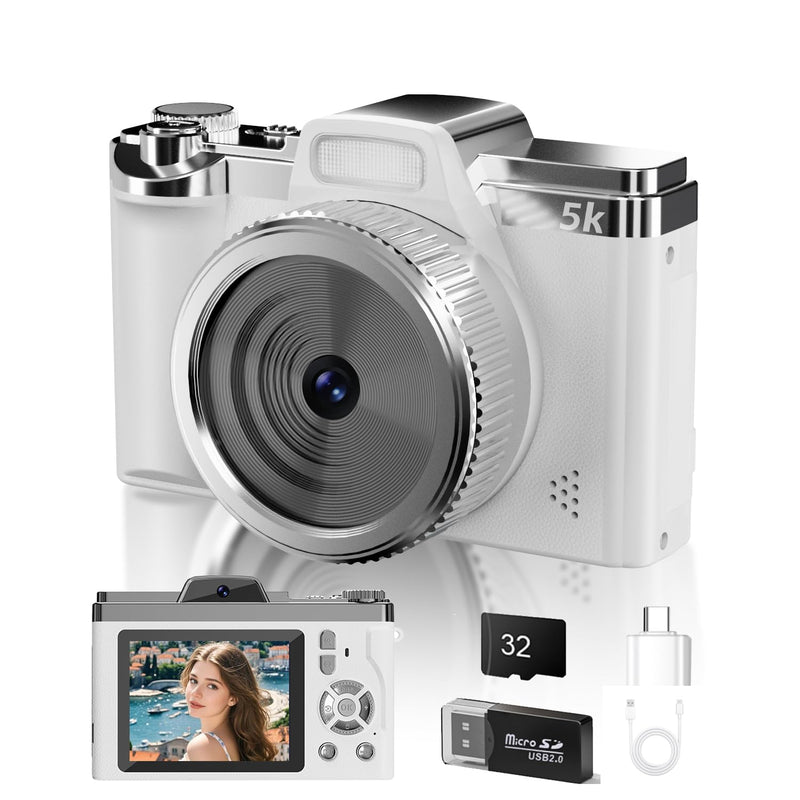 WGM 5K Digital Camera,68MP Cameras for Photography,16X Zoom Compact Point and Shoot Cameras,32GB Card & Flash,for Boys Girls Teens Beginners(White) White