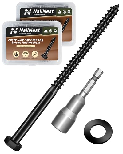 (2Box) 3/8" x 6" Hex Head Lag Screws Bolts with Flat Washers, 16Sets Black 304 Stainless Steel 18-8 Heavy Duty 3/8 Lag Bolts for Wood with Hex Socket 3/8" x 6" 2-Box