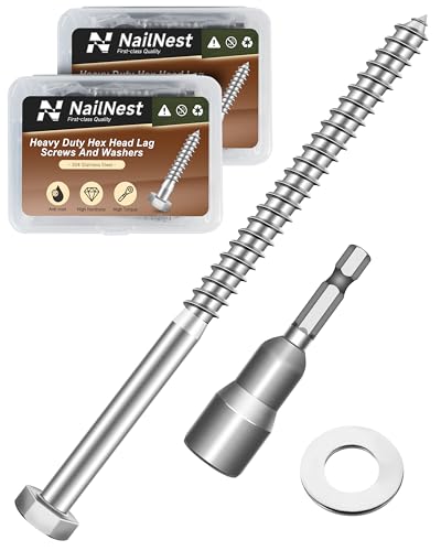 (2Box) 3/8" x 6" Hex Head Lag Screws Bolts with Flat Washers, 16Sets 304 Stainless Steel 18-8 Heavy Duty 3/8 Lag Bolts for Wood with Hex Socket 3/8" x 6" 2-Box