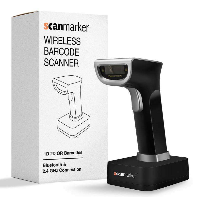 Scanmarker 1D/2D Wireless Barcode Scanner – Boost Speed & Accuracy with Bluetooth & 2.4G Modes – Handheld QR Code Scanner with Charging Stand for Easy scanning on Laptop, iOS & Android