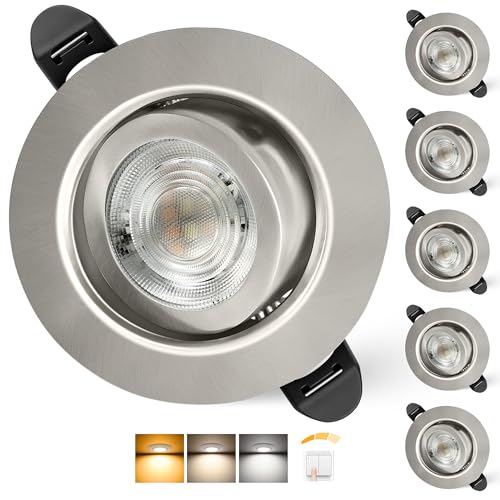 LED Recessed Spotlight 230 V Dimmable 68 mm 5.5 W IP44 LED Spot Ultra Flat | Ceiling Spots 45° Swivel Recessed Lights Warm White Neutral White Cool White Recessed Spots for Bathroom Living Room, Nickel 6-Piece Set