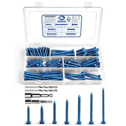 200PCS Concrete Screws, 3/16" 1/4" Masonry Screws with Drill Bit and Driver Bit, 7 Sizes Hex Head Cement Screws for Masonry, Block or Brick, Diamond Point, Blue Coated 200PCS 3/16" & 1/4" Assortment (7 Sizes) Slotted Hex Head