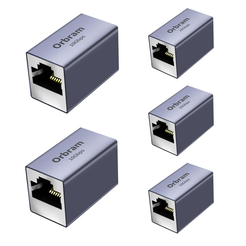 Orbram Ethernet Extender 10Gbps, 5 Pack RJ45 Coupler Adapter for Cat8/Cat7/Cat6/Cat5e/Cat5 Cables, 328ft Long-Distance Connection, Female to Female Connector, Aluminum Alloy Shell, Space Grey