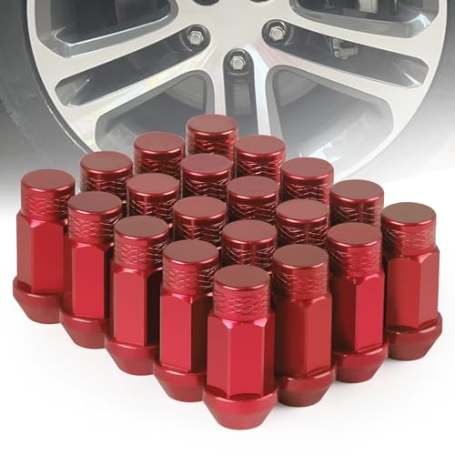 M12x1.25 Lug Nuts - 20 PCS 7075-T6 Aluminum Alloy 50mm Closed-End Lug Nuts, 1.95" 49.5mm Tall, Conical Seat 60 Degree, Tall Knurled Top Wheel Lug Nut (Red) Red