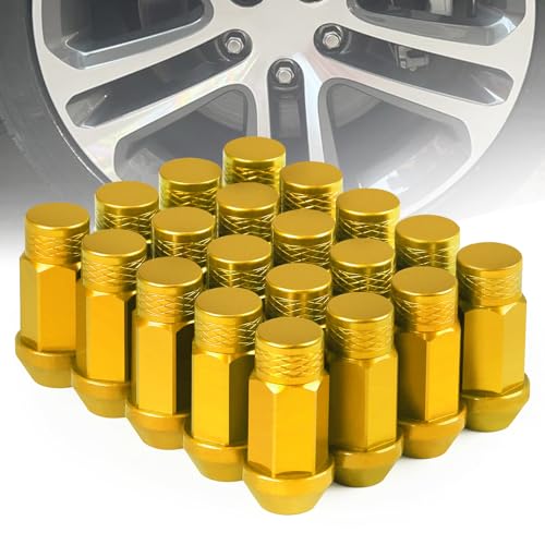 M12x1.25 Lug Nuts - 20 PCS 7075-T6 Aluminum Alloy 50mm Closed-End Lug Nuts, 1.95" 49.5mm Tall, Conical Seat 60 Degree, Tall Knurled Top Wheel Lug Nut(Gold) Gold
